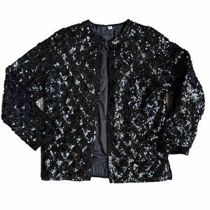 Vintage Sequin Jacket Dressy Formal Lined Heavy Wedding Event Medium Black Party